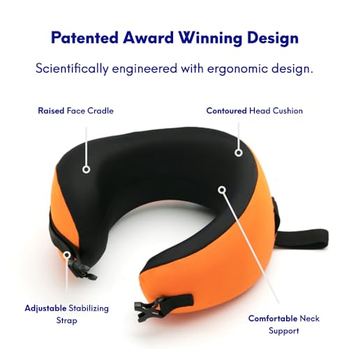 Image of C CUSHION LAB Travel Pillow, Award-Winning Patented Ergonomic Design for Chin & Neck Support Memory Foam Neck Pillow, Compact Airplane Pillow for Traveling, Flight, Car (Dynamic Orange, Medium)