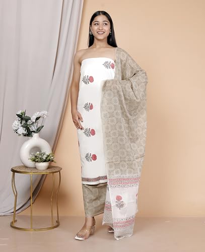 Image of NISHIRE Women's Cotton Jaipuri Hand Block Print Unstitched Suit Material with Cotton Mulmul Dupatta
