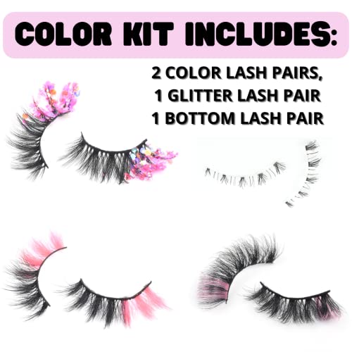 Pink Lashes - Colored Faux Mink Lash Set - Colorful Glitter Eyelashes, Bottom Lower Lash In Pack, Eyelash Extension Sets: Pink, Cosplay, Anime, Drag False Lashes (Pink) #TOP1
