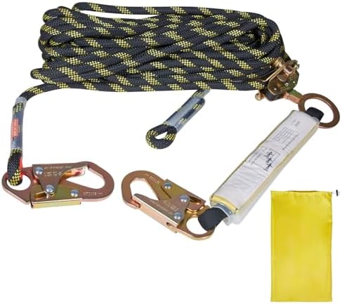 Uargd Vertical Lifeline Assembly, 0.55'' x 25' Fall Protection Rope with 30 KN Breaking Strength, Durable Polyester Roofing Ropes with Steel Snap Hooks, Rope Grab, and Shock Absorber, ANSI Certified