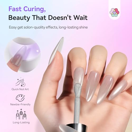 Image of SAVILAND Glassy Cat Eye One-Step Gel Polish Kit: 5-In-1 Jelly Silver Magnetic Gel Nail Polish with Fast Curing Mini U V Nail Lamp Magnet CatEye Nails Home Easy To Use Women Gift 15ML Travel