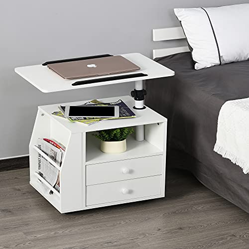 Homcom Modern End/Side Table For Living Room Or Bedroom With A 360° Adjustable Height Tabletop & Storage Drawers, White #TOP1