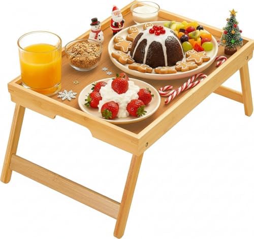 Bamboo Bed Tray Table with Foldable Legs, Breakfast Tray for Sofa...