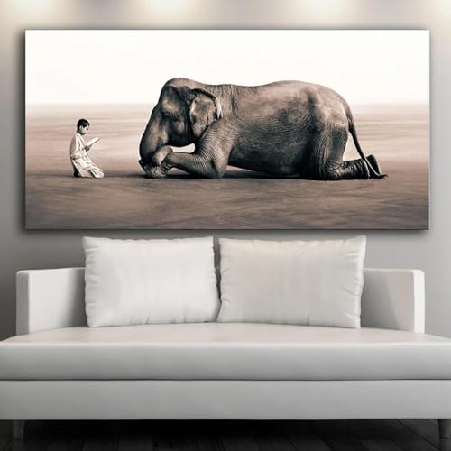 Peinture sur toile éléphant et garçon nature 80x160 cm pour décoration de salon moderne sans cadre