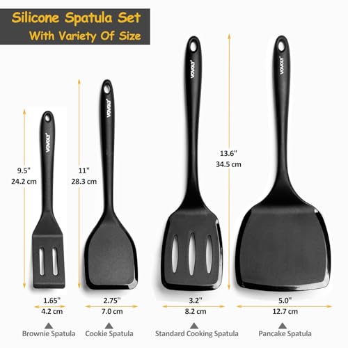 Silicone Spatula Set, 600°F Heat Resistant Silicone Spatula Turner Flipper for Cooking, Non Stick and Non Scratch Kitchen Utensils for Eggs & Pancakes, 4 Pack, Black by Vovoly - Image 2