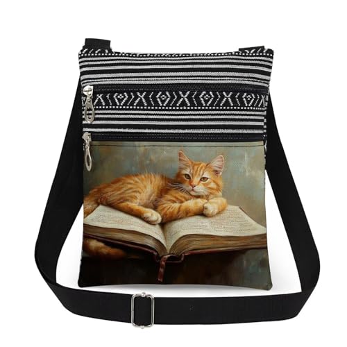 Book Orange Cat Art Print Crossbody Bag Women & Adult Teens Travel Shoulder Purse Adjustable Strap Men Messenger Bag Birthday Gift Literary Cat Lover Present​​
