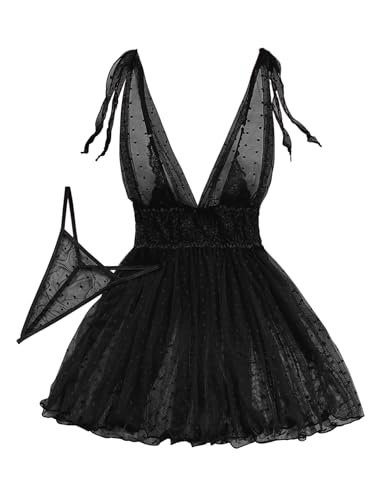Image of Lilosy Sexy Polka Dots Mesh Sheer Lace Babydoll Chemise Lingerie Set Floral Sleep Wear