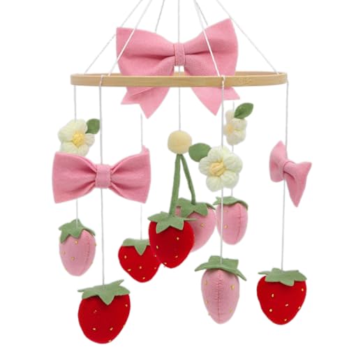 Image of Gueiddi Strawberry Mobile for Crib Handmade Felt Bow Nursery Decor Crib Mobile Bow Strawberry for Bassinet Baby Shower Newborn Baby Gift (Bow Strawberry)