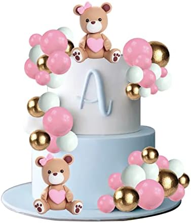 Bear Cake Toppers With Pink Gold White Cake Topper Mini Balloons, For Baby Shower Gender Reveal Party Birthday Party Bear Theme Party Supplies (Pink)