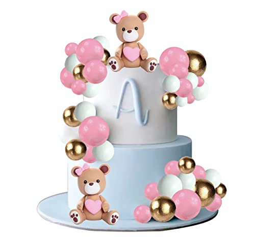 Bear Cake Toppers With Pink Gold White Cake Topper Mini Balloons, For Baby Shower Gender Reveal Party Birthday Party Bear Theme Party Supplies (Pink) #TOP3