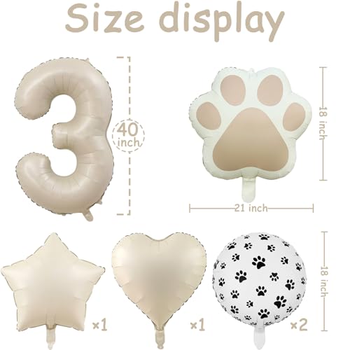 Image of 3rd Birthday Dog Paw Balloons Set,18'' Paw Prints, Heart,Star,Paw Shaped Foil Balloon 40 Inch Cream Number 3 Helium balloons for Puppy Themed Third Anniversary Birthday Party Decorations Supplies 6PCS