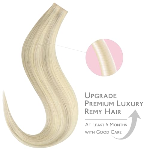Image of WENNALIFE Invisi Edge Tape in Hair Extensions Human Hair,#17A /60A,22 Inch | 22 Inch 50g 20pcs Ash Blonde Highlighted Platinum Blonde Invisi Remy Hair tensions Seamless Injected Tape Ins Straight