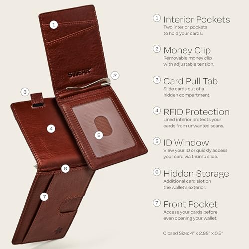 Image of Swear Brands Full Grain Leather Wallet with RFID Blocking & Money Clip - Minimalist Bifold Wallet Holds 12 Cards - Easy Access Pull Tab - Ethically Sourced (Brown)
