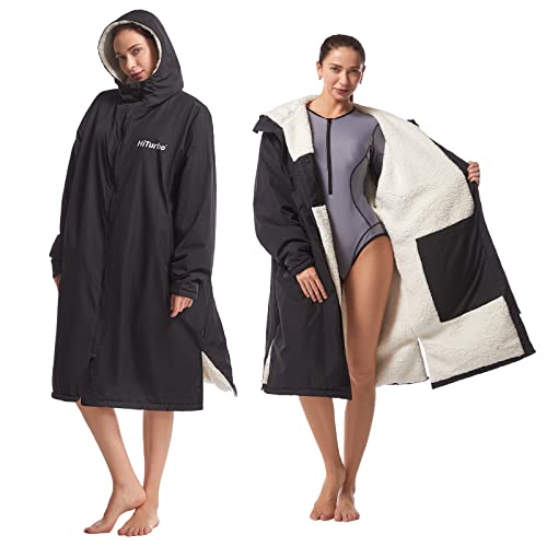 Hiturbo Warm Waterproof Swim Parka: Oversized Hooded Changing Robe - Sherpa Liner Swimming Coat - Recycled Fabric Surf Poncho