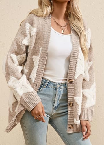 chouyatou Women's Fall 2025 Star Fleece Patchwork Cardigan Button Down Jacquard Chunky Knitted Sweater Coatigan3