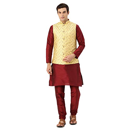 Image of SOJANYA (Since 1958 Men's Cotton Linen Maroon Kurta and White Pyjama with Mustard Cotton Nehru Jacket