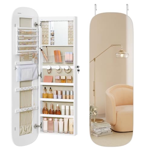 SONGMICS Jewelry Organizer, LED Jewelry Cabinet Wall/Door Mounted, Lockable Rounded Wide Mirror with Storage, Interior Mirror, 3.9 x 16.5 x 55 Inches, White Surface with Greige Lining White