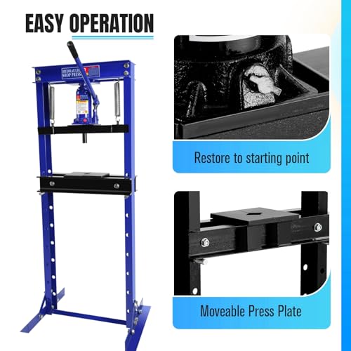 Image of Hydraulic Shop Press 12T, H-Frame Bearing Shop Press, Adjustable Garage Shop Press with 2 Press Plates, Adjustable Working Table Height, Blue