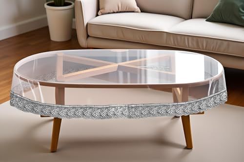 Image of The Furnishing Tree Oval Shaped Transparent Center Table Cover WxL 45x70 inches 0.25 mm Thickness with Silver Lace