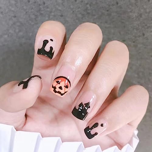 Ceboic 24 peças Dia das Bruxas unhas falsas curtas quadradas, nude preto pontas unhas falsas linda abóbora estampado acrílicas prensa em unhas para mulheres e meninas Nail Art