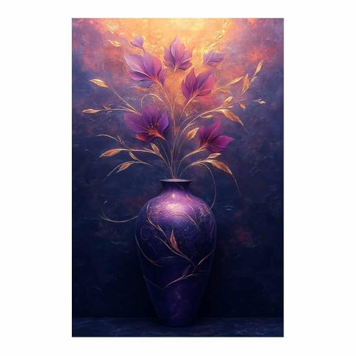 Tableau fleurs vase violet pour habiller un grand mur de salon vide
