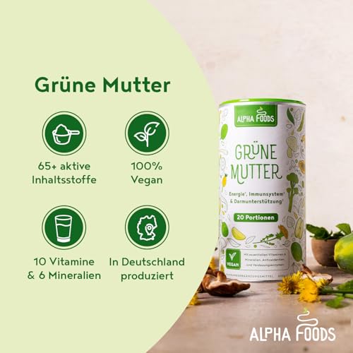 Grüne Mutter 2.0 - Das Original - Greens Shake - Akazienfaserpulver, Weizengras, Brennnessel, Mariendistel, Alfalfa, Chlorella und mehr - Smoothie Shake - 600g Pulver - Alpha Foods