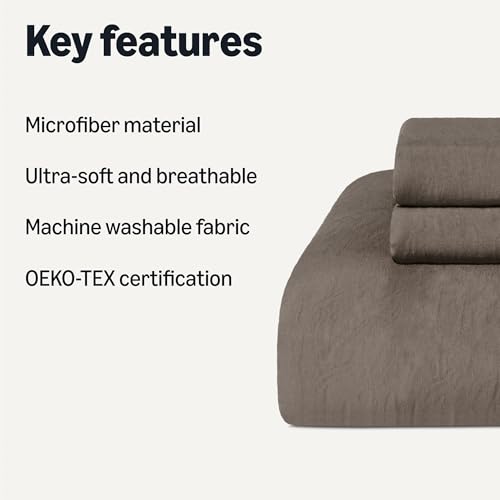 Image of Amazon Basics Brushed Microfiber Comforter Set, Extra Soft with Natural Texture, 3-Piece, Queen /Full, Brown, Oeko-TEX Certified, Machine Washable
