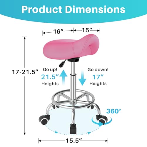 Image of YEEZEE Saddle Stool Ergonomic- Comfortable Rolling Saddle Stool with Wide Thick Saddle Seat Padding, Swivel Adjustable Saddle Chair with Wheels and Ring Pedal for Medical Massage Salon (Pink)