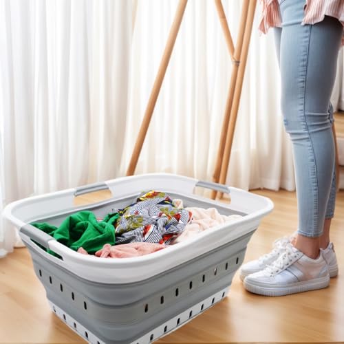 SAMMART Faltbarer Wäschekorb aus Kunststoff – Faltbarer Pop-Up-Aufbewahrungsbehälter/Organizer – tragbarer Wäschekorb – platzsparender Wäschekorb‘ (Weiß/Grau, 1) - 7