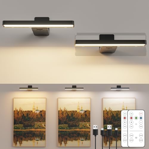 Bilderleuchte Kabellos ohne Bohren, 2 Stück LED Wandleuchte Innen mit Fernbedienung, 3 Farbtemperatur Dimmbar Wandlampe Akku mit Timer, Aufladbar Dart Bildbeleuchtung für Gemälde Malen Foto Art