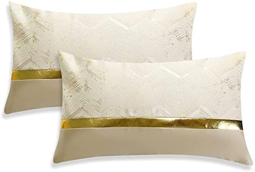 Artscope Juego de 2 Fundas de Cojines para Cama Sofá Coche Decoración de Lujo Moderno Minimalista Piel Dorada con Costuras Onduladas Cuadradas 30 x 50 cm Beige Cover