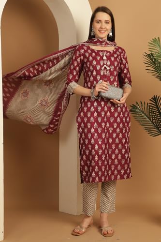 Image of Rajnandini Women's Cotton Foil Print Kurta Set with Dupatta (JOPLST230-31-38-P)
