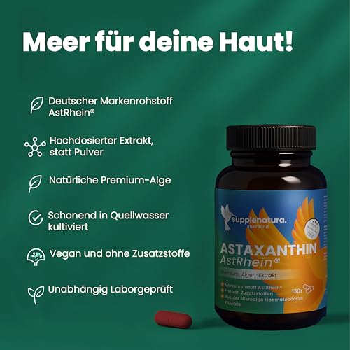 EINFÜHRUNGSANGEBOT* Astaxanthin 8mg hochdosiert | 130 Kapseln | MARKENROHSTOFF: AstRhein® | Quellwasser Kultivierung | Vegan - Astaxantin von SUPPLENATURA®