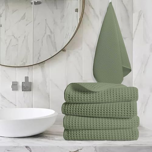 Image of Pure Cotton Waffle Towel | Lightweight | Anti Microbial and Water Absorbent | Soft Touch Quick Drying Hand Towels (Sage Green, Pack of 4)