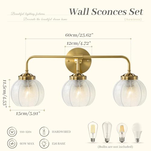 Image of Vintage Wall sconces Bathroom Vanity Lights Over Mirror 3 Light Gold Wall sconce with clear Glass Shade mid Century modern Wall Sconce Glass globe wall lamp Wall Lighting for Bedroom Doorway Hallway