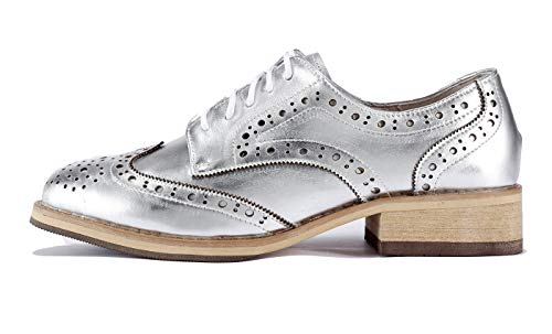 U-Lite Women Mirror-Shine Leather Lace-Up Perforated Wingtip Rope And Rubber Platform Oxford Shoes Silver 8 #TOP5