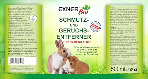 Exner Bio Geruchs- & Schmutzentferner für Nagerkäfige - Mit Mikroorganismen gegen KOT, Urin und Haustiergerüche 100% natürlich & schonend - 500 ml Sprühflasche