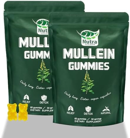 Mullein Gummies 120 Count, 1000mg Mullein Leaf Herb Extract for Respiratory & Digestive & Immune Support, Vegan, Pear Flavor