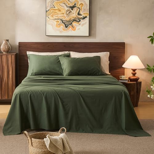 Overket 100% Linen Sheets King Size,Breathable & Durable 4-Piece Bed Flax Sheet Set,Soft All-Season Bedding for Hot Sleepers 16" Deep Pocket Oeko-TEX Certified,（King, Forest Green）