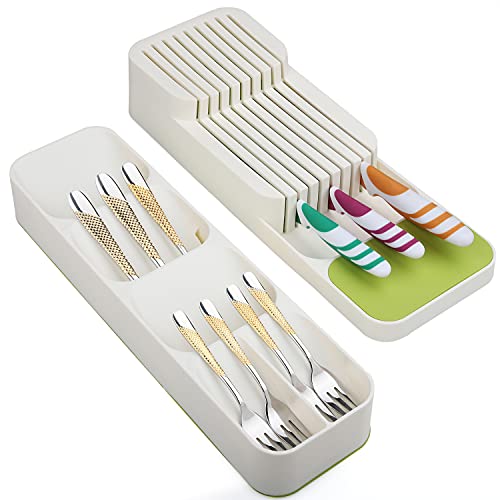Drawer Organizer Set of 2 kitchen Drawer Organizer Tray Knife Holder Drawer Knives Block Cutlery Organiser for Cutlery Spoon Knives Fork (white)