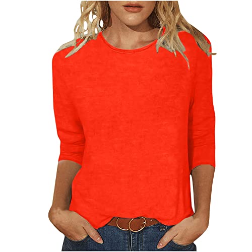 Women's Solid Crew Neck Blouse Tops Casual 3/4 Sleeve Business Shirts Fashion Loose Fit Beach Outfits Tunic T-Shirt(B-Red,X-Large)
