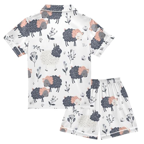 ALAZA Cartoon Animals Sheep Leaf Satin Pajamas Set Short Sleeve Button Down Sleepwear Summer Pjs 2 Piece2