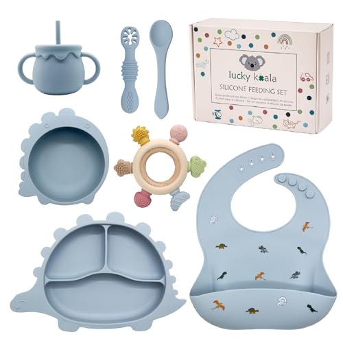 Lucky Koala® Coffret Repas Bébés en Silicone I Assiette et Bol avec Ventouse, Bavoir, Tasse et Cuillères d'apprentissage, Anneau Dentition I Qualité Alimentaire I Sans BPA I Coffret Cadeau