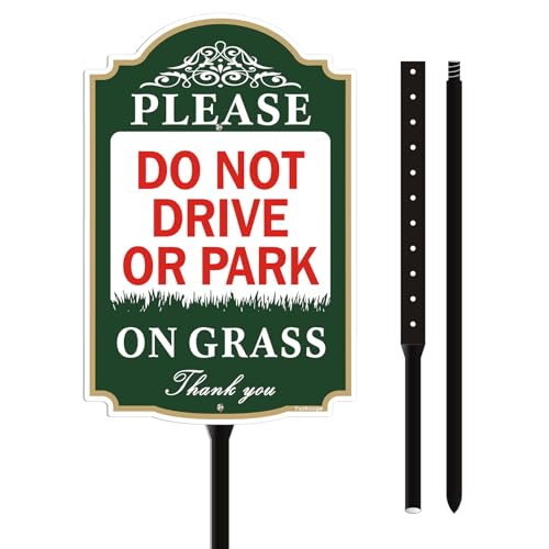 Yuzkouge Please Do Not Drive or Park On Grass Sign With Stake 12 x 8 Rust Free Aluminum Private Property Sign with 2.9 Feet Stake(Detachable)