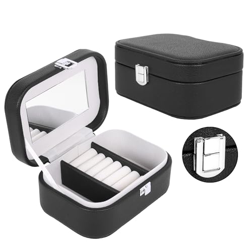 Image of BucketList PU Leather Jewellery Organizer Box with Mirror | Travel-Friendly Jewelry Storage Case with Ring Slots & Secure Lock (Travel Jewellery Box with Mirror (Black))