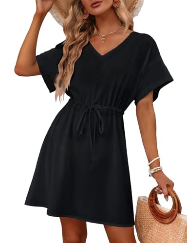 Vossmi Vestido de Playa Mujer Manga Corta Playa Traje de Baño Suelto Cuello en V Cover Up Casual Cordón en La Cintura Ropa de Playa Chiffon Ropa de Playa,Negro