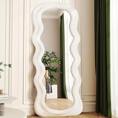 Dewfig Full Length Mirror, 63" x 24"Irregular Wavy Mirror, Large Floor Length Mirror Wall Mounted, Standing Wavy Mirror with Flannel Wrapped Wooden Frame for Bedroom/Living Room, White