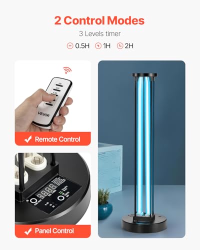 Image of VEVOR UV Light, 110W Ultraviolet Lamp with Ozone Purifier, UVC Lamp with 30 /60 /120 Minutes 3-Gear Timer and Remote Control, for Room up to 600 sqft, UVO Lights for Living Room, Bedroom, Hotel, School