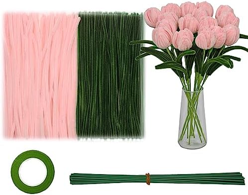 200pcs Pipe Cleaners Craft Supplies Chenille Stems Flower Craft Kit DIY Tulip Bouquet Making Kit Fuzzy Sticks Crafting Materials Bendable Wire Bulk for Art Classroom Mother’s Day Gift