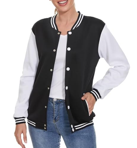 ACEFAST INC Women's Varsity Jacket Baseball Uniform Casual Long Sleeve Sport Bomber Jacket Coat